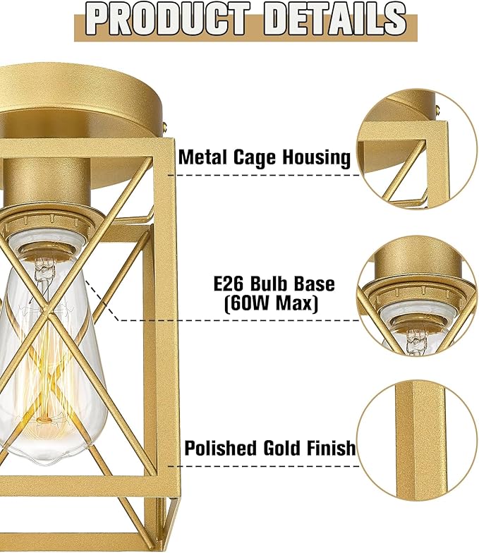 Ken & Ricky Hallway Flush Mount Ceiling Light,Cage Farmhouse Light Fixture Hardwired for Kitchen Over Sink,Bathroom,Laundry Room Entryway,Industrial Vintage Style,Single E26 Bulb（Gold,2PK）