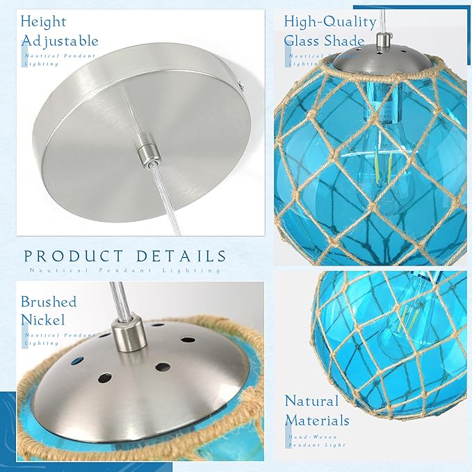 10" Blue Coastal Pendant Light Kitchen Island,Glass Globe Ocean Ceiling Light Fixture Beach House,Dimmable Hemp Rope Light Fixture Hanging For Bathroom Living Room Farmhouse Entry Bedroom(Bulb Incl.