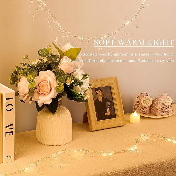 Iridescent Bead String with Fairy Lights Battery Operated, 3-8mm Artificial Crystal Beads Chain Short LED String Lights Mixed, DIY Crafts Wedding Party Garland Centerpiece(3.28ft/Set, 2 Set)