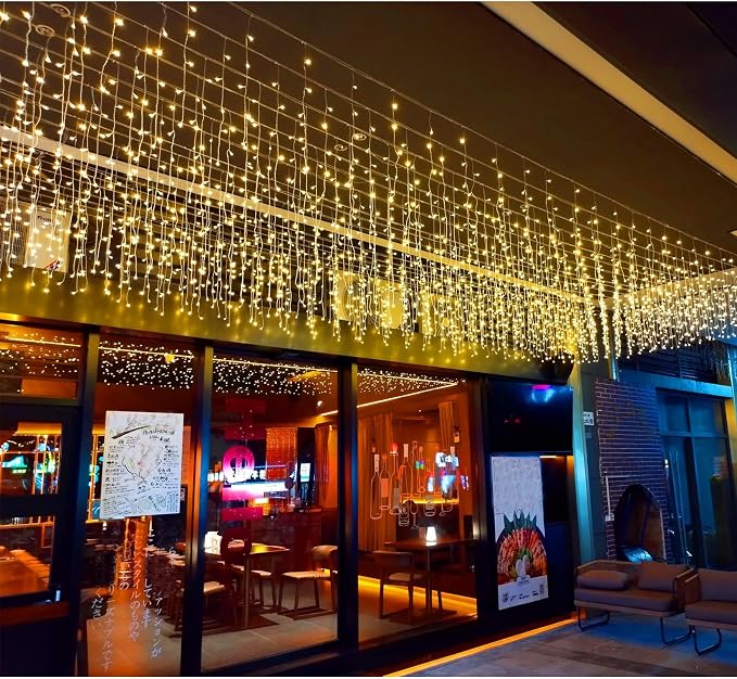 LED Icicle Christmas Lights, 16.4FT 112 LEDs Extendable Curtain 8 Modes Twinkle Novelty Christmas Long Window Dangling Fairy String Lights Outdoor Indoor, Warn White, 5M04