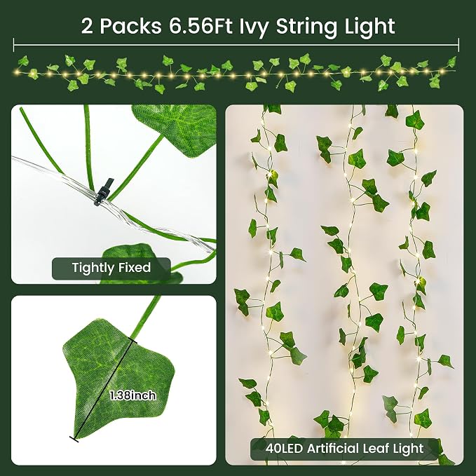(New) 2 Pack Vines with Lights, 6.56FT 40 LED String Lights with Leaf, LED Artificial Vines with Fairy Light, 2 Modes Fake Vines Ivy String Lights for Bedroom, Wall, Room, Garden, Party Decoration