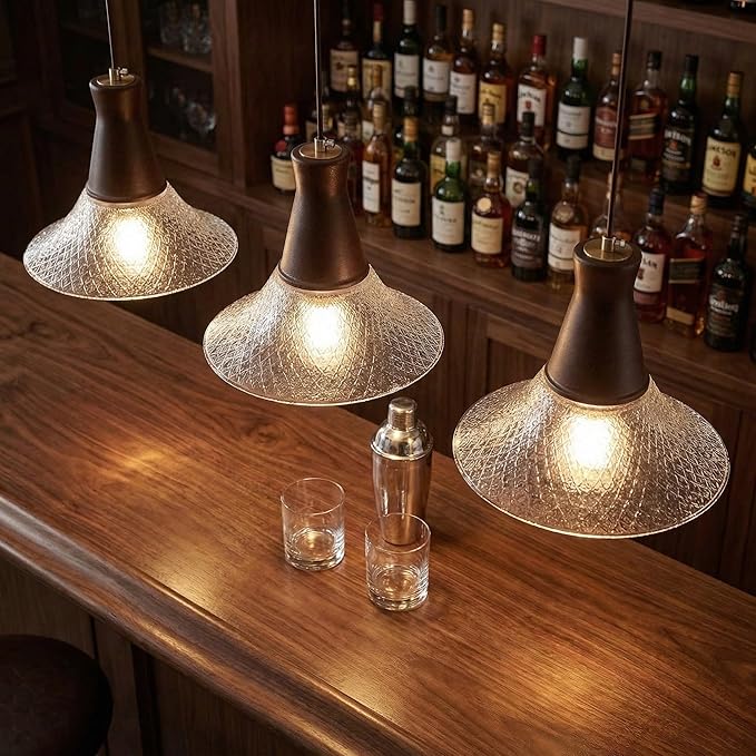 Vintage Farmhouse Glass Pendant Light Fixture 9 Inch Industrial Clear Ceiling Hanging Light with Walnut Wood lamp Holder for Kitchen Island Hallway Bar Dining Room Bedroom Foyer（3 Pack）
