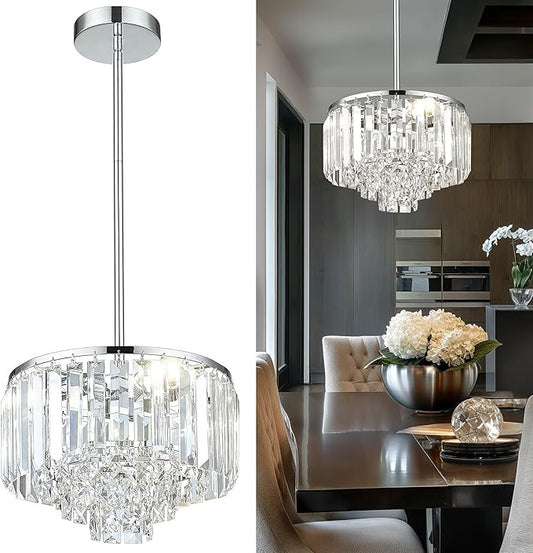 Crystal Chandelier, 4-Tier Modern Chandelier with Polished Chrome Finish, Pendant Light for Dinning Room Kitchen Island Bedroom Entryway, CC4215-3W-PC