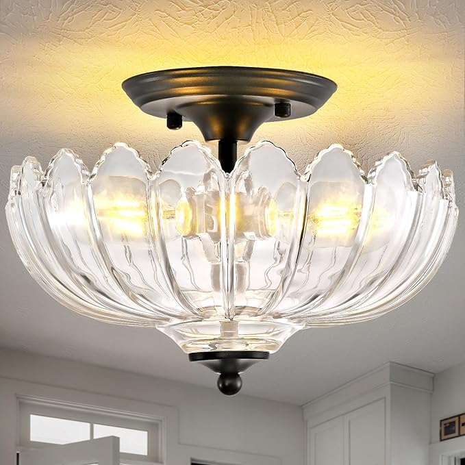 Clear Glass Ceiling Light Fixture - Handmade Art Glass Semi Flush Mount Lighting with 3 E26 Bases, Crystal-Like Transparency for Bedroom Kitchen Hallway, Modern Vintage Home Decor