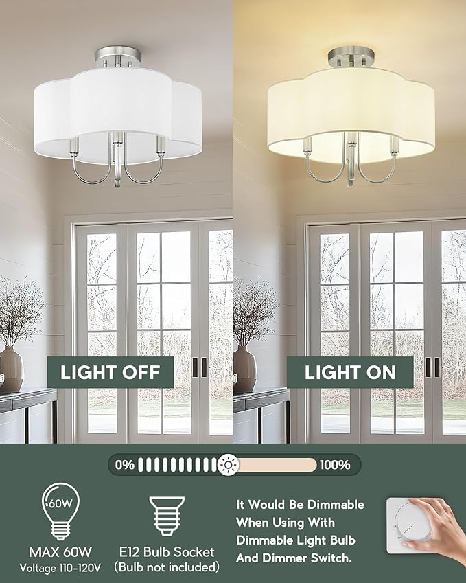 4-Light Semi Flush Mount Ceiling Light, 18" Vintage Light Fixtures Ceiling Mount with Fabric Shade in Quatrefoil for Kitchen Entryway Hallway Bedroom, Brushed Nickel, SM179-BN-L