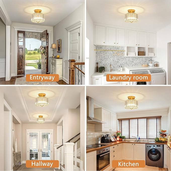 Small Crystal Ceiling Light, Modern Mini Flush Mount Crystal Chandelier, Gold Small Chandelier Light Fixture, Entryway Lighting Fixture for Kitchen Hallway Laundry Room, 1-Light, SF004-1-G