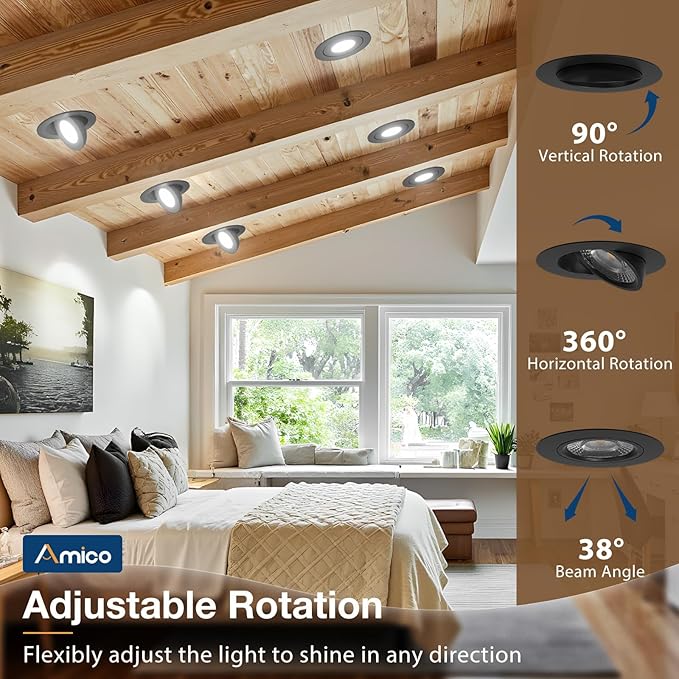 Amico 6 Pack 4 Inch 5CCT Gimbal LED Recessed Lighting, 360°&90°Adjustable Eyeball Directional Downlight, Dimmable, 2700K/3000K/3500K/4000K/5000K Selectable, 9W 700LM CRI90+, Black, ETL&FCC
