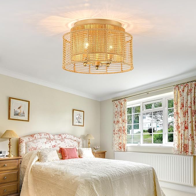 hesoge Boho Rattan Semi Flush Mount Ceiling Light Vintage Gold Ceiling Light Fixture 4 Light Round Chandelire for Farmhouse Bedroom Entryway Kitchen Foyer Dining Room