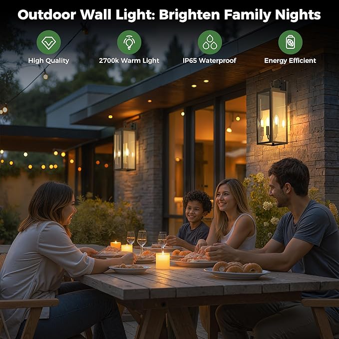 DORESshop 18 Inch Dusk to Dawn Outdoor Wall Lights, 2-Light Black Outdoor Wall Sconce Lantern with Clear Glass Shade, Tall Transitional Exterior Light Fixtures for Porch, Garage, ETL Listed, 2 Pack