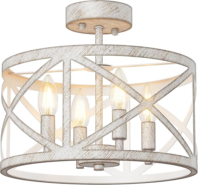 Semi Flush Mount Ceiling Light Fixture, Farmhouse Modern 4-Light Chandelier with X-Shape Cage, Industrial Rustic Ceiling Lamp for Kitchen, Entryway, Dining Room, Bedroom, Hallway, Laundry Room, White