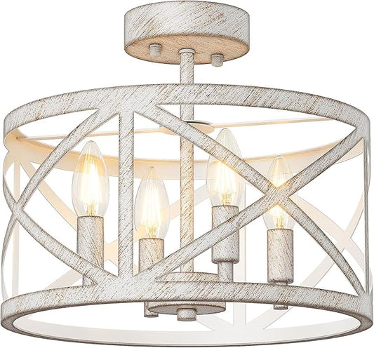 Semi Flush Mount Ceiling Light Fixture, Farmhouse Modern 4-Light Chandelier with X-Shape Cage, Industrial Rustic Ceiling Lamp for Kitchen, Entryway, Dining Room, Bedroom, Hallway, Laundry Room, White