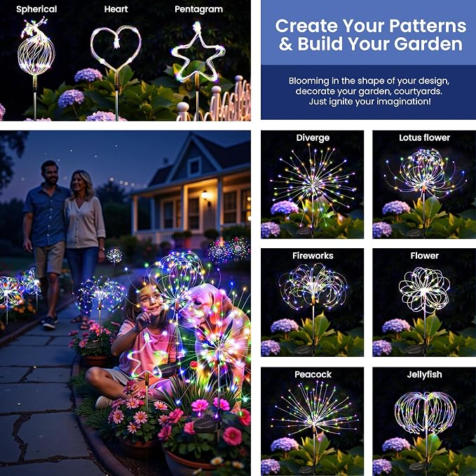 Solar Lights Outdoor, 120LED 6pack Fairy Garden Lights Decor for Outside Fireworks Lights Solar Powered for Yard, Patio, Pathway, Walkway, Balcony,Multicolor