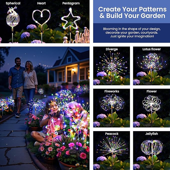 Solar Lights Outdoor, 120LED 2pack Fairy Garden Lights Decor for Outside Fireworks Lights Solar Powered for Yard, Patio, Pathway, Walkway, Balcony,Multicolor