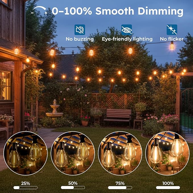 GvvooHome 100FT S11 LED Outdoor String Lights with App & Remote, Low-Voltage Patio Lights with Music Sync, 4 Lighting Modes, Dimmable, Waterproof LED Lights for Backyard, Porch, Garden, Deck, Party