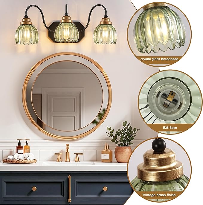 Vintage Bathroom Vanity Light, Bathroom Lighting Fixtures Over Mirror, Mid Century Style Farmhouse Light Fixtures with Green Glass Shades, Black Finish Wall Mount for Bedroom (Green, 3-Light)