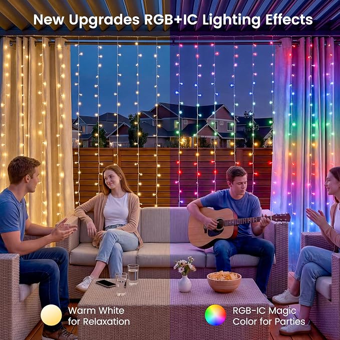 HEYFUNi Smart RGB-IC Curtain Lights - 8.2x6.6ft 280 LED Window Lights with App Control & Music Sync, Warm White & Magic Color Changing Fairy Lights with 2.4G Remote, DIY Modes for Bedroom Party