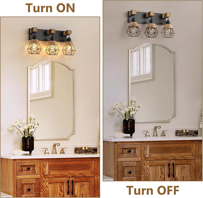 LmnLvn Farmhouse Bathroom Light Fixture, 3-Light Black Rattan Vanity Light, Boho Bathroom Light Fixture Over Mirror Rustic Vanity Lighting with Handwoven Shades, Suit for Restroom, Bedroom, Hallway