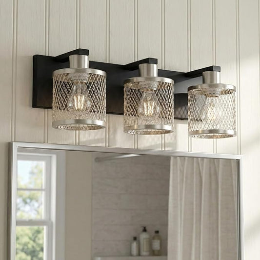 3 Lights Bathroom Light Fixtures Brushed Nickel Vanity Lights 3 Lights Farmhouse Bathroom Vanity Light Vintage Design Wall Sconces Lighting for Mirror Attic Corridor Cellar Wall Lamps