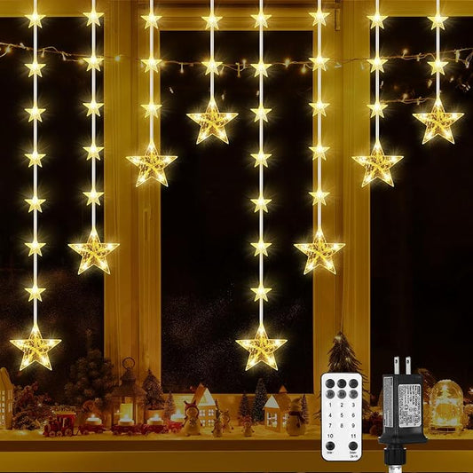 Aurelema 63 Stars Curtain Lights Plug in 9.8 ft 111 LED Christmas Hanging String Light with Remote, 8 Modes Curtain Window Lights for Xmas Home Indoor Outdoor Party Decor(Warm White)