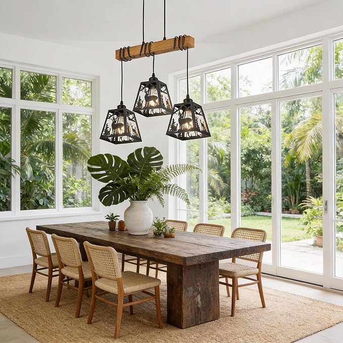 3-Lights Farmhouse Dining Room Pendant Light Fixtures, Rustic Solid Wood Kitchen Island Lighting Hanging with Deer Metal Shades for Restaurant, Kitchen Island, Hallway