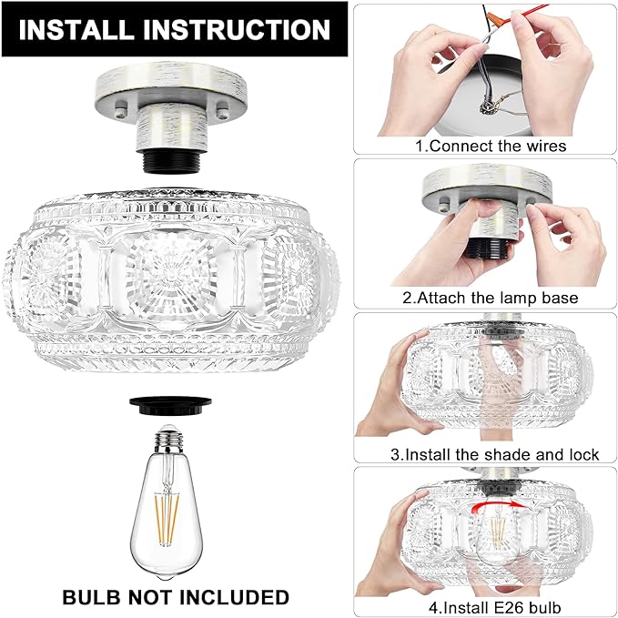 Semi Flush Mount Ceiling Light, Globe Glass Ceiling Light Fixture, Brushed White Oak Modern Lighting for Hallway Bedroom Entryway Kitchen Porch, Bulb Not Included