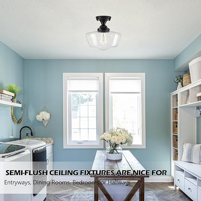 Black Schoolhouse Light Fixture 12" Mid Century Light Fixture Schoolhouse Light Fixtures Ceiling Clear Glass Semi Flush Mount Ceiling Lights for Bedroom Bathroom Kitchen(Bulb Incl.)