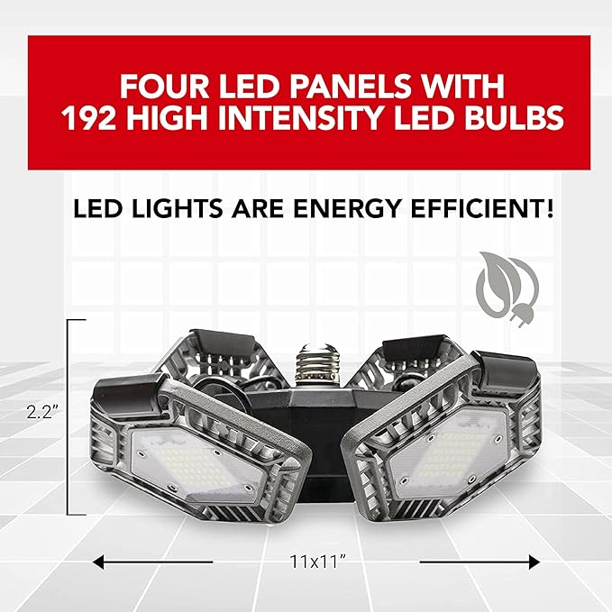 Bell+Howell QUADBURST LED Ceiling Light Bulbs 80W 5500 Lumens – 4 Aluminum Deformable Panels LED Shop Light Fixture for Indoor, Bedroom, Garage Lights, Home Improvement, E26 / E27 Socket (Gray)