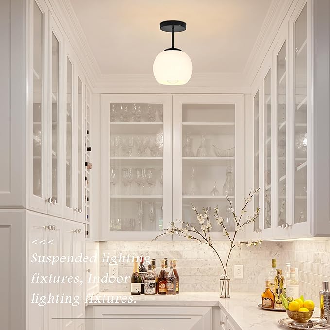 Black Semi Flush Mount Ceiling Light Fixture Milk Glass Light Fixture Mid Century Flush Mount Ceiling Light Black Flush Mount Ceiling Light Schoolhouse Light Fixture for Dining Room(Bulb Incl.)