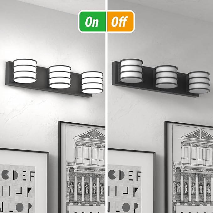 LED Bathroom Vanity Light - 20.5 Inch Black 3-Light Fixture with White Acrylic Shades, 6000K Cool White, Mirror Lighting for Bathroom, Bedroom, Hallway, Living Room Wall Sconce