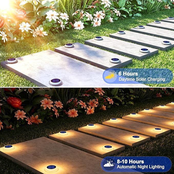 Honalia Solar Deck Lights Outdoor, 4 Pack Warm White Solar Powered Driveway Lights, Waterproof Stick on Solar Dock Lights for Stair, Patio, Pathway, Yard, Walkway, Sidewalk, Step