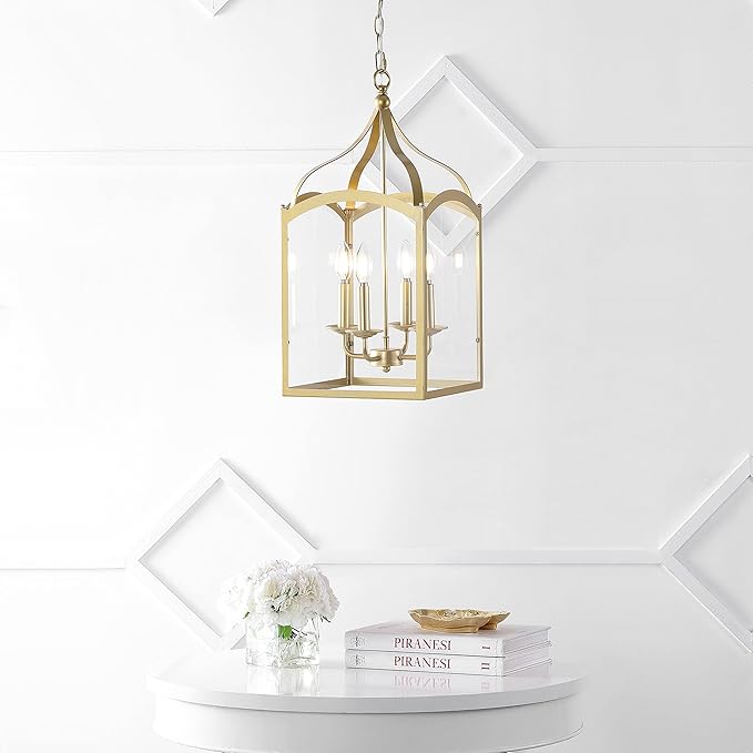 JONATHAN Y 11" Antique Gold 4-Light Traditional Lantern Pendant Light, Metal and Clear Glass Shade, Classic Chandelier for Foyer, Kitchen Island, LED Bulbs Included (JYL7403C)