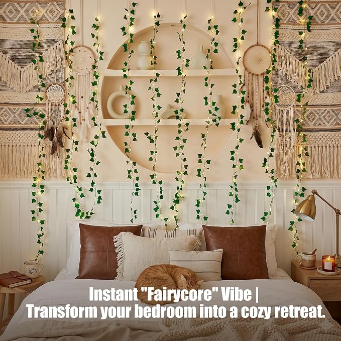 Bexdir 200 LED Curtain Vine Lights for Bedroom Decoration, 6.6x6.6ft Pre-Assembled Hanging Fake Vines with Fairy Lights USB Powered, Aesthetic Artificial Ivy Lights for Room Wall Decor