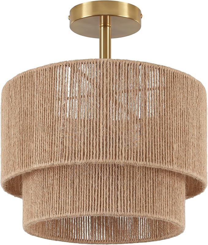 3-Light Boho Light Fixtures Ceiling Mount, 12.6" Rattan Semi Flush Ceiling Light with 2-Tier Shade, Rustic Hand-Woven Chandelier for Hallway Kitchen Foyer Farmhouse Bedroom