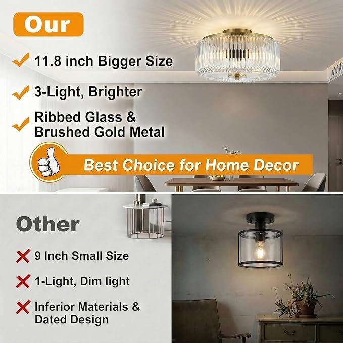 3-Light Flush Mount Ceiling Light, 11.8" Gold Ceiling Light Fixture with Ribbed Clear Glass Shade, Modern Drum Close to Ceiling Lamp with Closed Bottom for Bedroom Hallway Kitchen Entryway