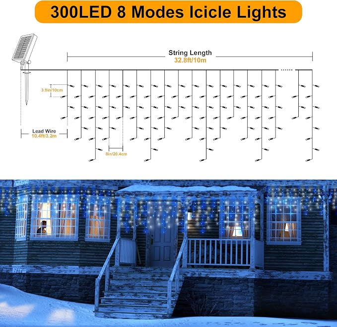 300 LED Solar Icicle Lights Outdoor with Remote Control, 33ft 8 Modes Curtain String Lights with 50 Drops, Christmas Holiday Wedding Party Decorations, Blue+White