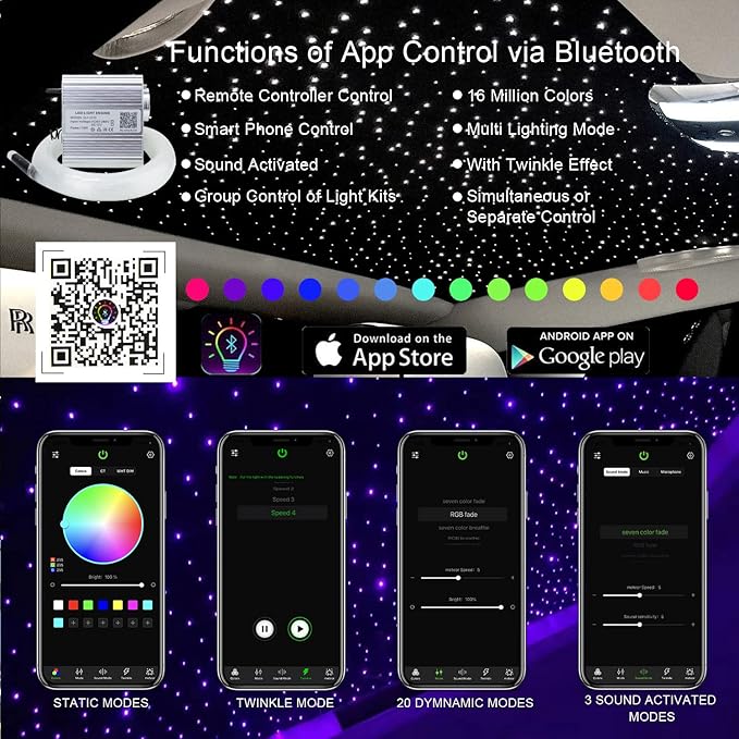 AKEPO Upgraded Twinkle+Music Effect+APP Control Fiber Optic Lights kit for Star Ceiling Sky Light Car/Home, RGBW Light Engine+Optical Fiber Cable 295pcs of 9.8ft/3m(0.03+0.04+0.06in)+28key Remote