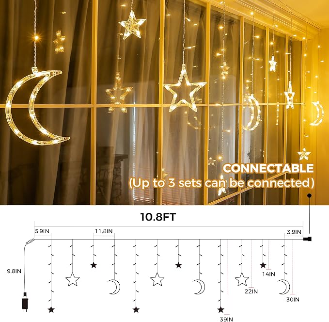 Ramadan Solar Icicle Lights,10.8ft 138 LED Outdoor Waterproof Moons Stars Curtain Window String with 8 Modes Timer Remote,USB Rechargeable Connectable Warm White Hanging Decor for Patio