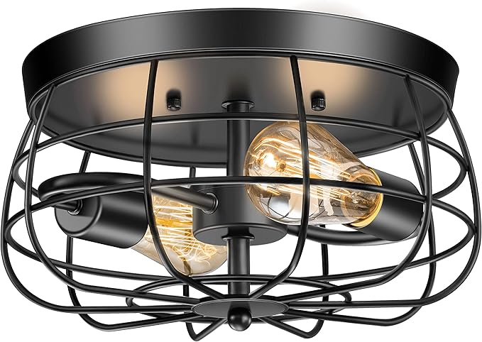 2-Light Farmhouse Ceiling Light Fixtures, Industrial Hallway Light, Vintage Black Metal Cage Ceiling Lamp for Living Room, Kitchen, Bedroom