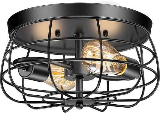 2-Light Farmhouse Ceiling Light Fixtures, Industrial Hallway Light, Vintage Black Metal Cage Ceiling Lamp for Living Room, Kitchen, Bedroom