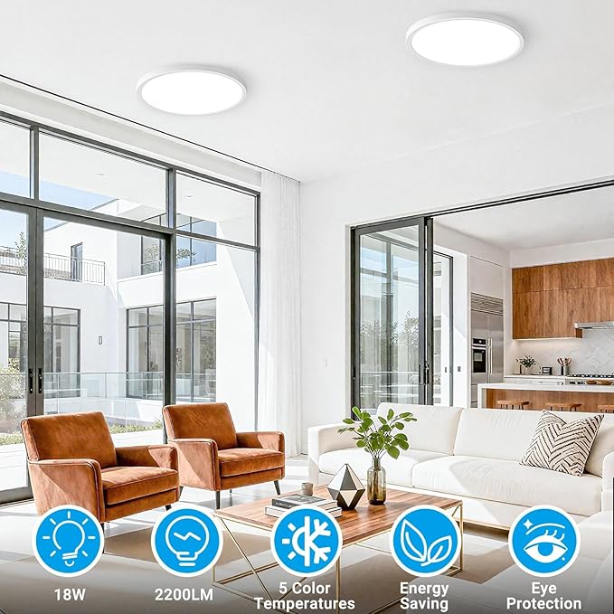 LED Flush Mount Ceiling Light,9Inch 18W,3000K/3500K/4000K/5000K/6500K 5 Color Temperatures Ceiling Light Fixture for Kitchen Porch Hallway Bedroom Bathroom and Closet,White