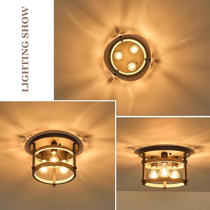 3-Light Flush Mount Wood Ceiling Light Black Metal and Round Wood Frame Hallway Ceiling Light 12 inch Retro Rustic Light Fixtures for Farmhouse, Kitchen, Foyer,Entryway, Bedroom, Dining Room