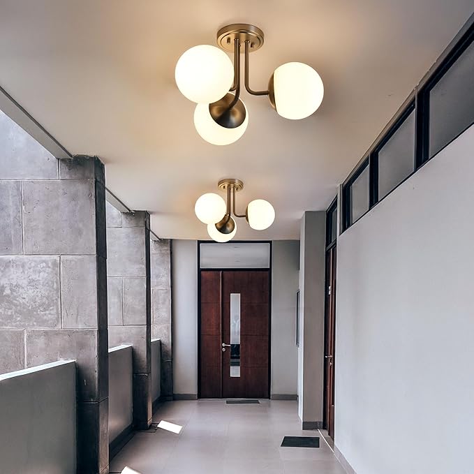 3 Light Semi Flush Mount Ceiling Light Fixture Brushed Nickel, Modern Globe Chandelier, Sputnik Farmhouse Lighting for Kitchen Bedroom Bathroom Living Room Corridor Laundry Room Bar …
