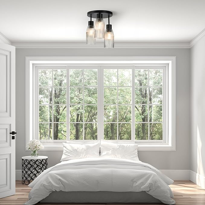 Globe Electric 66000133 3-Light Flush Mount Ceiling Light, Matte Black, Clear Ribbed Glass, Home Improvement, Dining/Kitchen