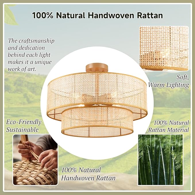 Hamilyeah 20 inch Ceiling Light Fixture Flush Mount Double Layer, Boho Light Fixture Ceiling Mount Wicker Shade, Bamboo Woven Rattan Fixture Light for Living Room, Bedroom, Dining Room