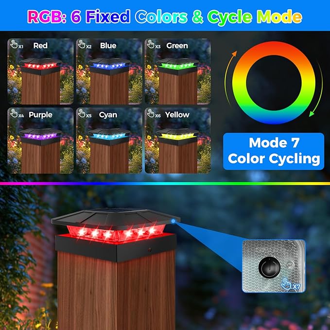 Peasur 4x4 Solar Post Cap Lights Outdoor RGB Color Changing, LED Fence Light Solar Powered Waterproof, Wood/Vinyl Posts Top Lighting for Outside Deck Yard Garden Patio