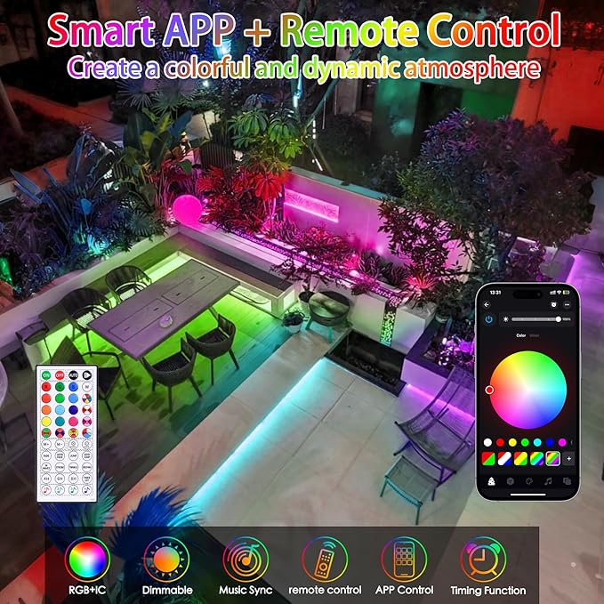 Rope Lights Outdoor Color Changing, 49FT 150 LED Waterproof Fairy String Light Plug in with Remote & APP Controlled, Music Sync Christmas Lighting for Outside Indoor Bedroom Halloween Decor