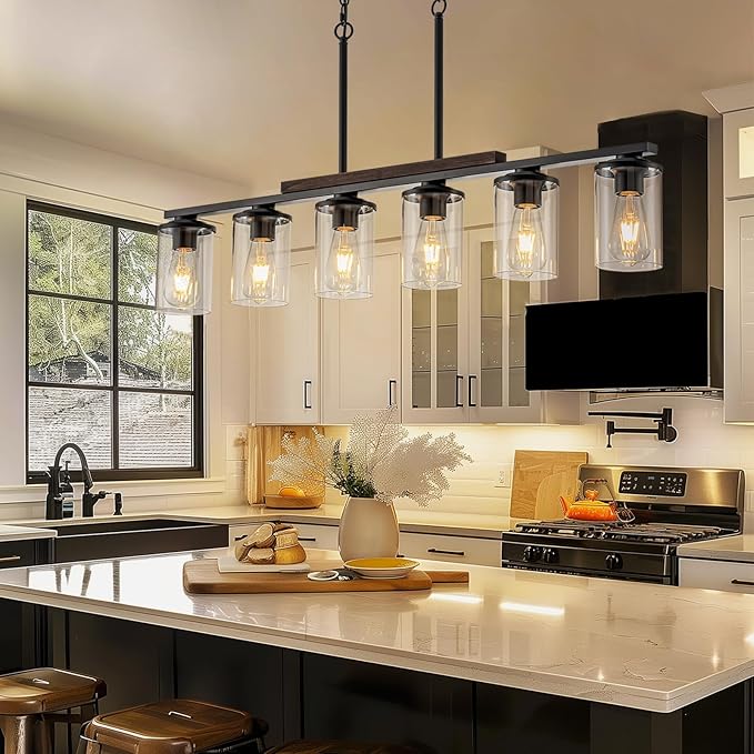 40.15'' Large Dining Room Chandelier Over Table, 6-Light Farmhouse Dining Room Light Fixture Kitchen Island Lighting, Wood Island Lights Black Farmhouse Chandeliers for Dining Room with Glass Shades