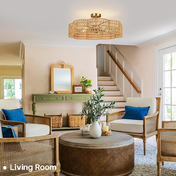 24” Boho Rattan Ceiling Light Fixture, Hand-Woven Wicker Flush Mount Chandelier, Rustic Coastal Scalloped Gold Base Semi Flush Lighting for Bedroom, Dining Room, Kitchen, Foyer, Living Room