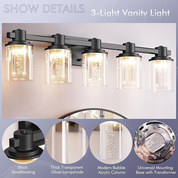 Quntis 5-Light Black Bathroom Light Fixtures with 5 Color Modes, 33 Inch Dimmable Modern Vanity Lighting Fixture Over Mirror, 35 Watts Eye Protection LED Wall Lamp (UL Certified, Bulbs Included)