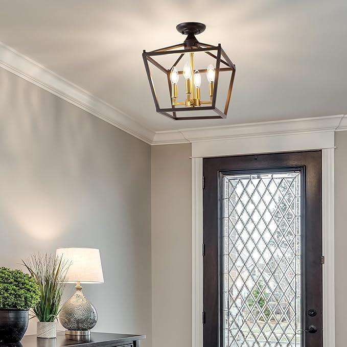 JONATHAN Y 12" Oil Rubbed Bronze/Brass Gold Modern Farmhouse Pagoda 4-Light LED Semi Flush Mount Lantern, Metal Ceiling Light Fixture for Kitchen, Hallway, Entryway, Bedroom, Hardwired (JYL7610G)